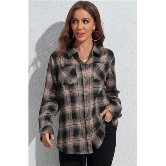 Plaid Flannel Shirts for Women Loose Fit Boyfriend Button Down Shirt - Picture 5 of 7